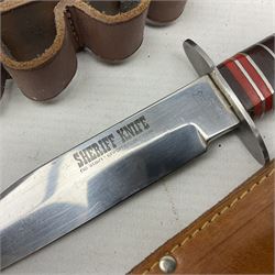 Mundial Brazil bowie knife, the 15.5cm steel blade inscribed 'Sheriff Knife', with banded and aluminium hilt; in leather sheath L29cm overall; British Army felt covered metal water bottle with webbing strap; leather 12-bore cartridge belt; and small pair of non-military binoculars in part case (4)