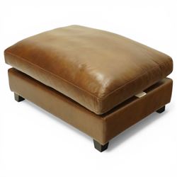 Laura Ashley - late 20th century pouffe footstool of rectangular form, loose seat cushion and base upholstered in chocolate brown leather, on ebonised square tapering feet