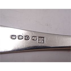 Set of five George III Newcastle silver Old English pattern teaspoons, with engraved initials and pinprick decoration, hallmarked Christian Ker Reid, Newcastle, no date letter, together with a George III silver Old English pattern sauce ladle, engraved with initial to terminal, hallmarked Peter & William Bateman, London 1809