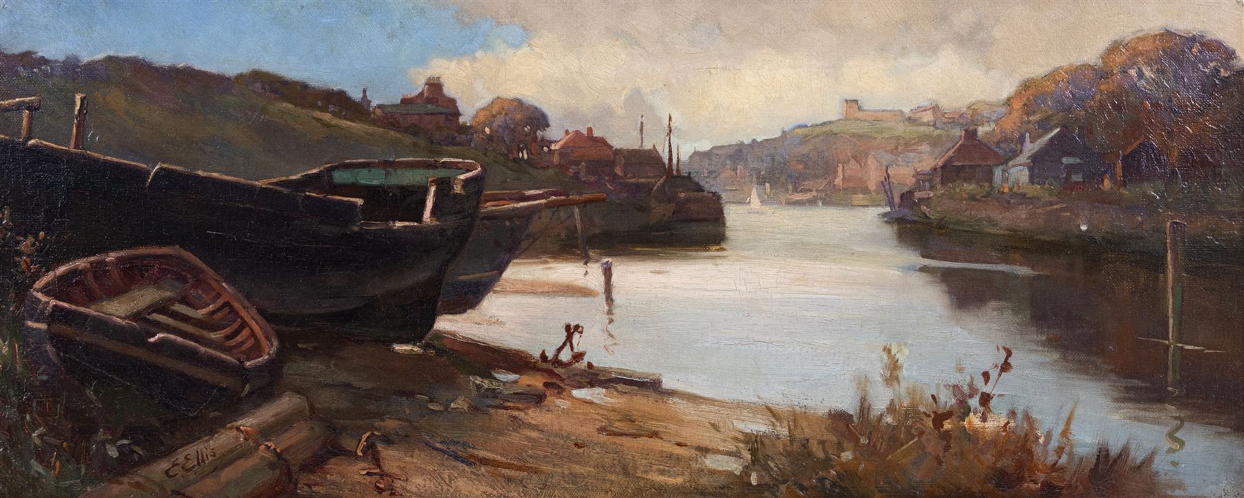 Edwin John Ellis (British 1841-1895): Whitby from Up River Esk, oil on canvas signed 24cm x 60cm