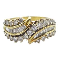 9ct gold baguette and round brilliant cut diamond crossover dress ring, hallmarked