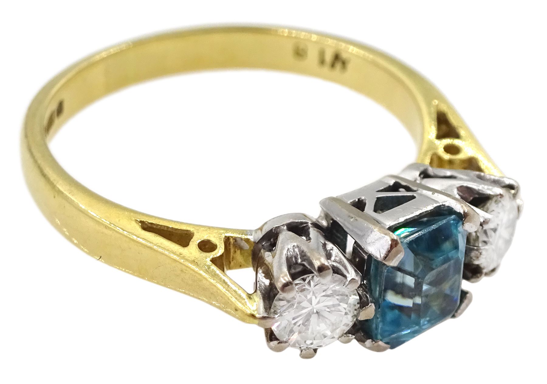 18ct gold three stone blue zircon and round brilliant cut diamond ring, hallmarked, total diamond weight approx 0.40 carat