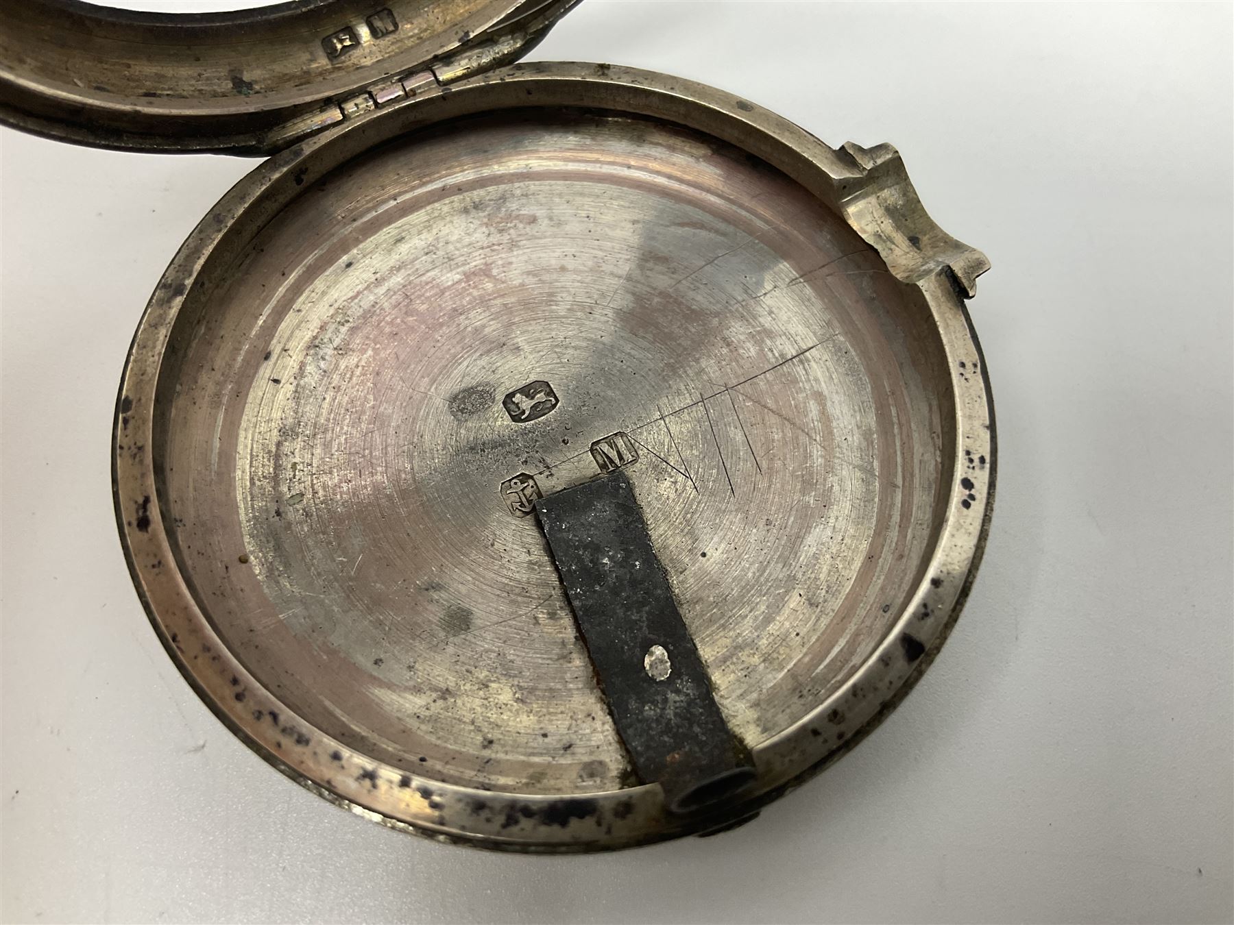 Victorian silver pair cased fusee lever pocket watch, No. 6765, cream enamel dial with Roman numerals, case makers mark R.S, Birmingham 1861, on silver Albert chain