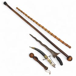 African knobkerrie, Malayan Kris, bamboo stick inscribed T.H.J. 29872, Arabian dagger with engraved curved blade and bone handle and a wooden gavel (4)