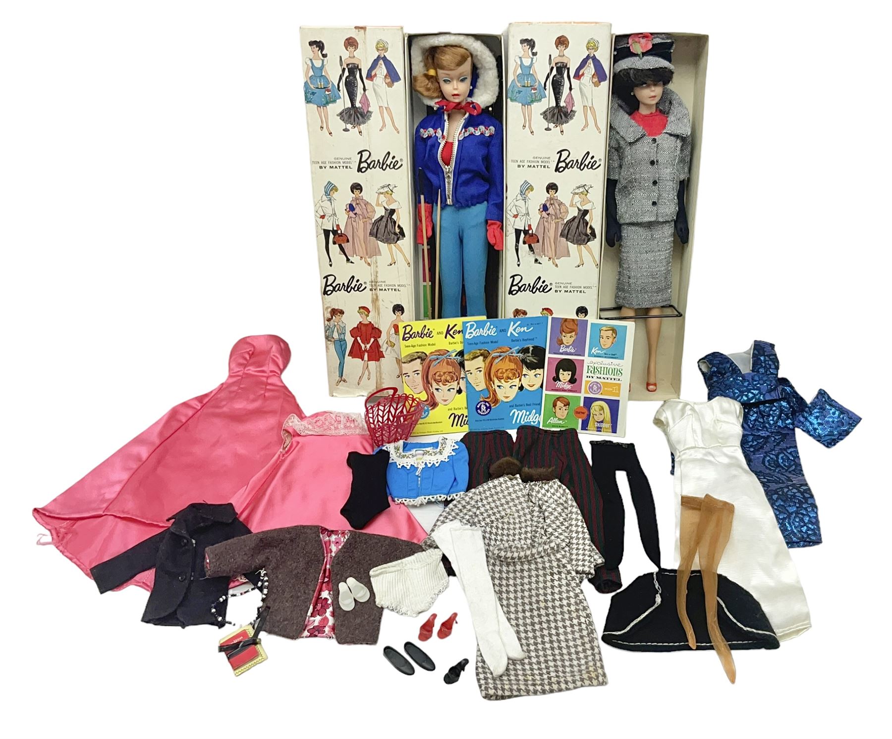Two 1960s Mattel Barbie fashion dolls - 'Ski Queen' and 'Career Girl'; each in original decorative box with paperwork; and a quantity of Mattel and other fashion doll clothing