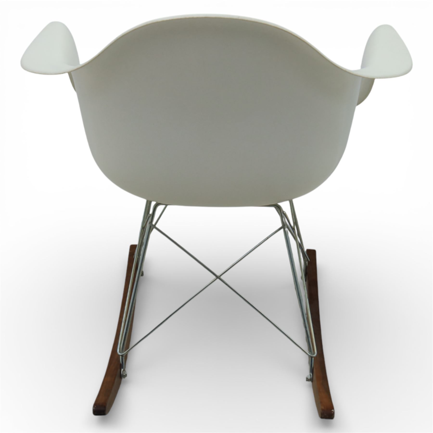 Modernica Los Angeles - RAR rocking chair, moulded white fibreglass shell with integrated arms, raised on chrome wire supports with shaped stained wooden rocking runners