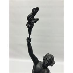 Pair of spelter figures, Le Force and Le Pouvoir, modeled as figures standing on lions, arms held aloft, H51cm 