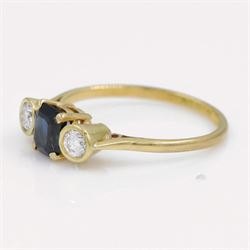 18ct gold sapphire and diamond three stone ring, single octagonal cut sapphire, with a single round brilliant cut diamond set either side, total diamond weight approx 0.25 carat