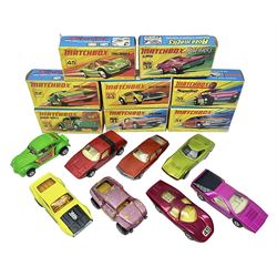 Matchbox 1-75 Series 'Superfast' ex-shop stock - eight models ccomprising 30d Beach Buggy, 41d Siva Spyder, 43d Dragon Wheels, 44d Boss Mustang, 45c Ford Group 6, 51d Citroen S.M., 52c Dodge Charger Mk.III and 75c Alfa Carabo in 39d Clipper box; all boxed (8)