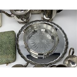 Silver plate oval twin handled tray, with chased and engraved decoration and upon four claw feet, by Viners Ltd, together with other silver plate and metal ware, including coffee set, fruit serves, butter knives, etc