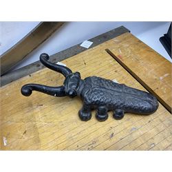 Coal bucket painted with flowers together with pair of bellows, boot scraper in the form of a beetle, wooden guillotine, composite table lamp with tassel lampshade and one other