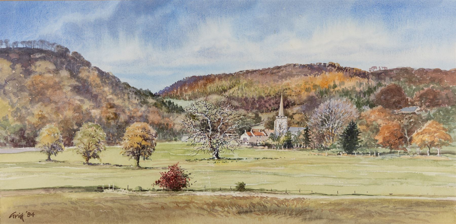 George 'Griff' Griffiths (British 1939-2017): 'Hackness Church from Hackness Park' 'Hackness Hall Lake Towards Langdale End' and 'Hackness Hall', triptych of watercolours signed Griff and dated '94, max 26.5cm x 54cm (3)