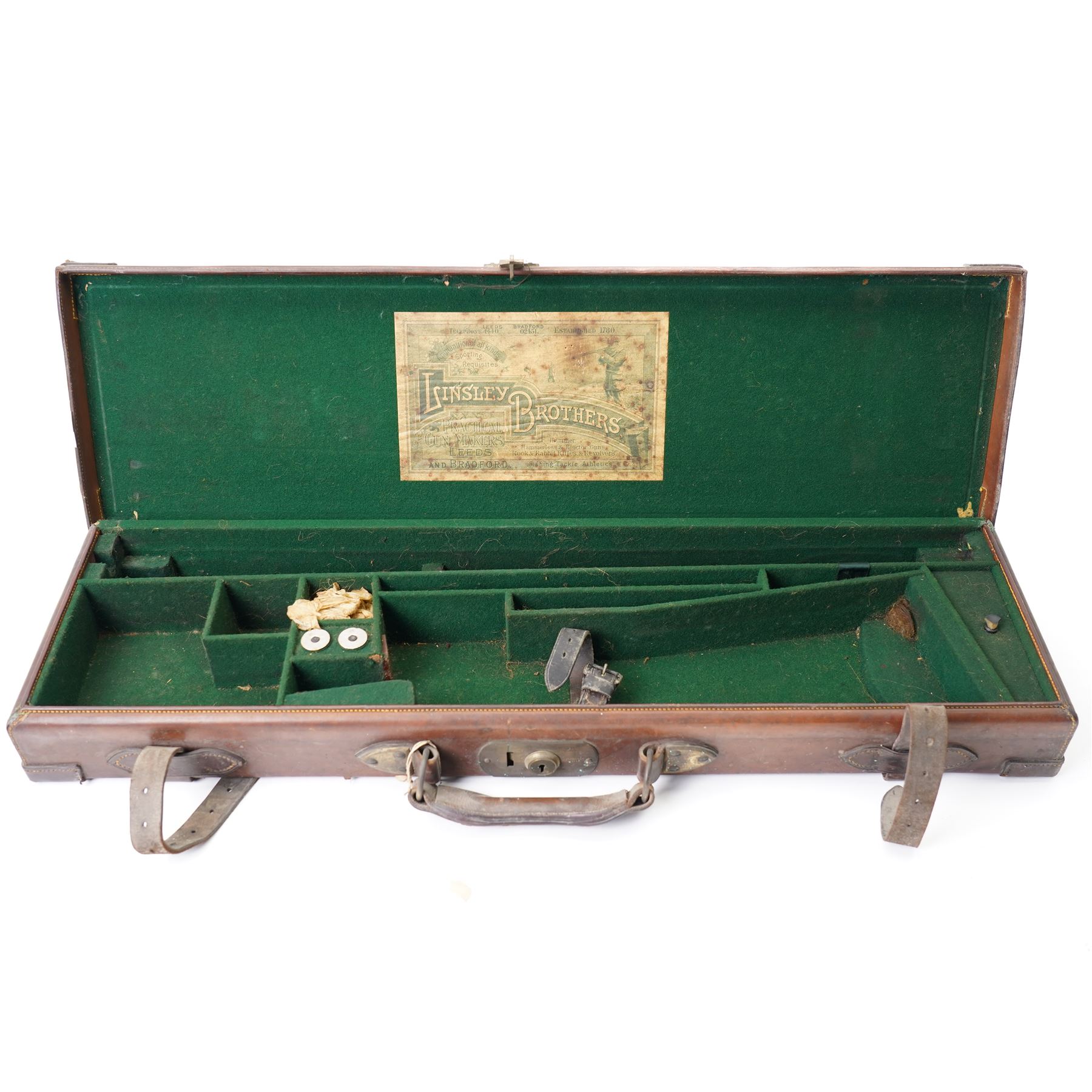 *Leather shotgun case with the label of James Purdey & Sons, London, inscribed 'Colonel Sir Edward Allen Brotherton, Bart MP, Kirkham Abbey, Via York 'and two others with the labels of Linsley Brothers (3)From the Kirkham Hall Attic & Cellar Collection, sold without reserve