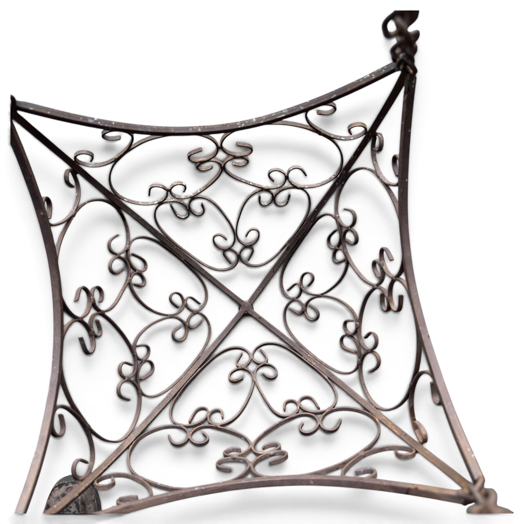 Three wrought iron garden basket planters, comprising a circular pierced and scrolling basket on tall tripod stand with scrolling supports (W31cm H76cm), and a pair of matching hanging baskets (W37cm H30cm)