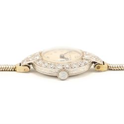 Vertex Supreme ladies platinum and 9ct white gold diamond manual wind wristwatch, silvered / white dial with Arabic hour markers, the bezel set with thirty-two round brilliant cut diamonds, stamped Platinum, on a white gold snake bracelet, Birmingham 1967, total diamond weight approx 1.60 carat