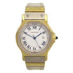 Cartier Santos ladies 18ct white and yellow gold automatic wristwatch, hexagonal case, white dial with date aperture and sapphire crown, on 18ct gold bracelet, hallmarked, with gold-over clasp, with red pouch