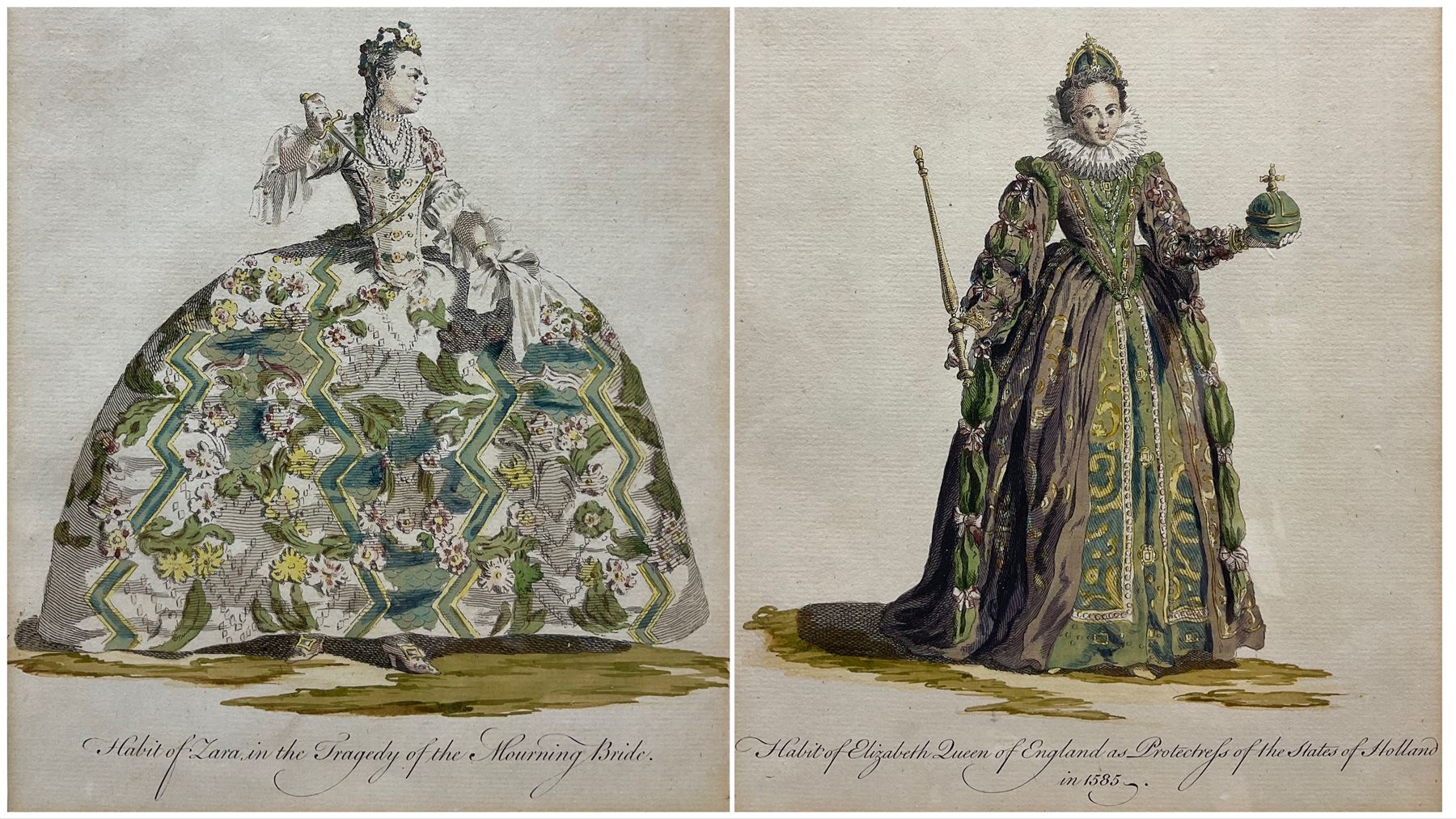 Thomas Jefferys (British c1719-1771): 'Habit of Zara in the Tragedy of the Mourning Bride' and 'Habit of Elizabeth Queen of England as Protectress of the States of Holland in 1585', pair engravings with hand colouring 25cm x 20cm (2)