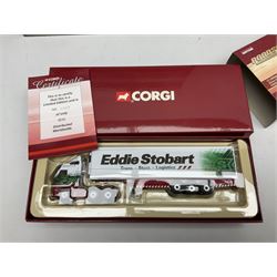 Corgi Eddie Stobart - four Classics lorries; 18801 Bedford KM, 97369 AEC Truck & Trailer, 23101 Ford Transcontinental Tilt Trailer and 14303 Foden S21 Artic Trailer; limited edition 21601 AEC Ergomatic 6-wheel Tipper; and two others in the Roadscene and Truckfest 25 Series; all boxed (7)