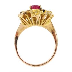 14ct gold vari-cut ruby, sapphire, diamond ring, in an open work setting