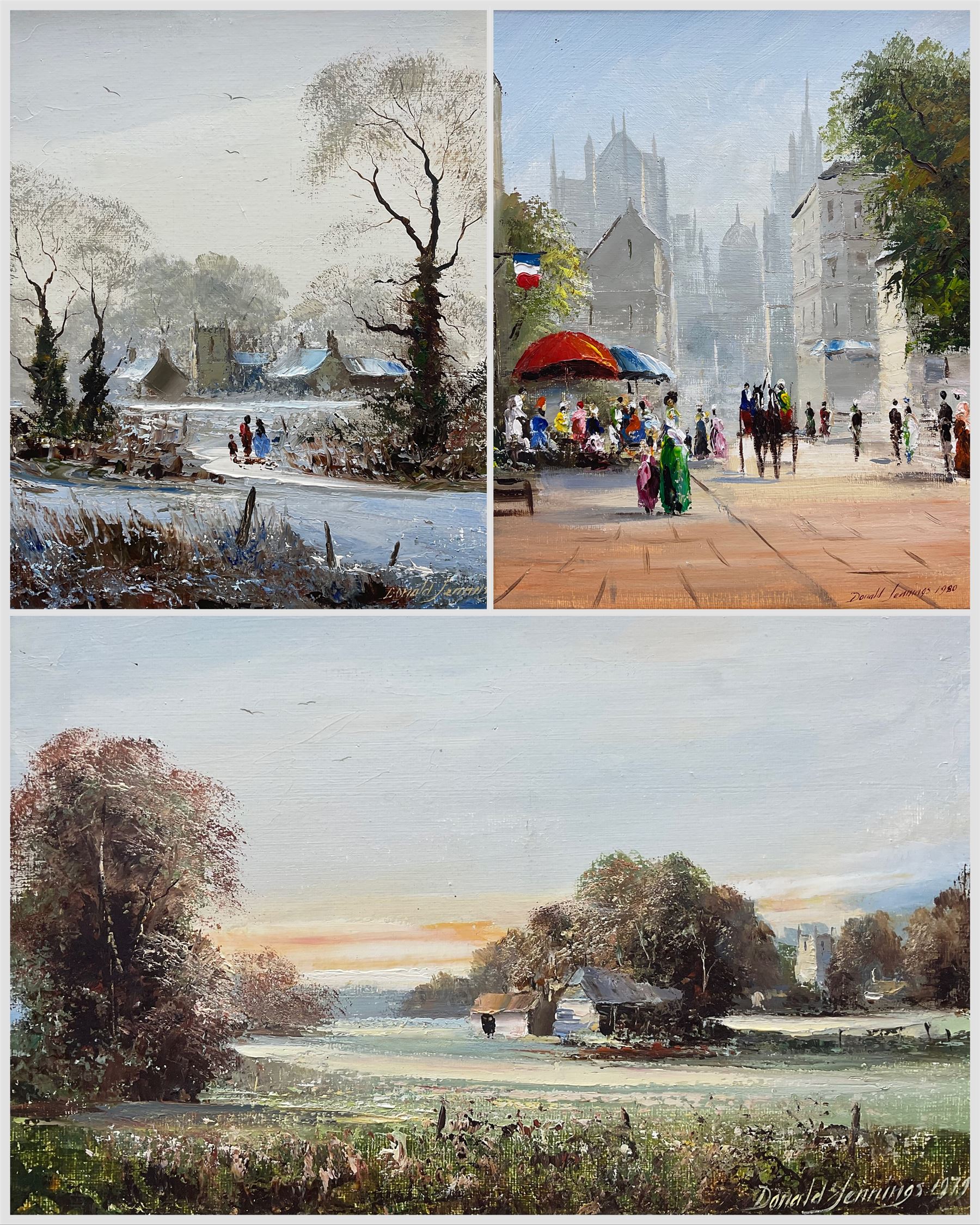 Donald Jennings (British 20th Century): 'Sunset' 'Winter' and 'The Cafe', set of three oils on canvas signed and dated '79-'80, titled verso 29cm x 24cm (3)