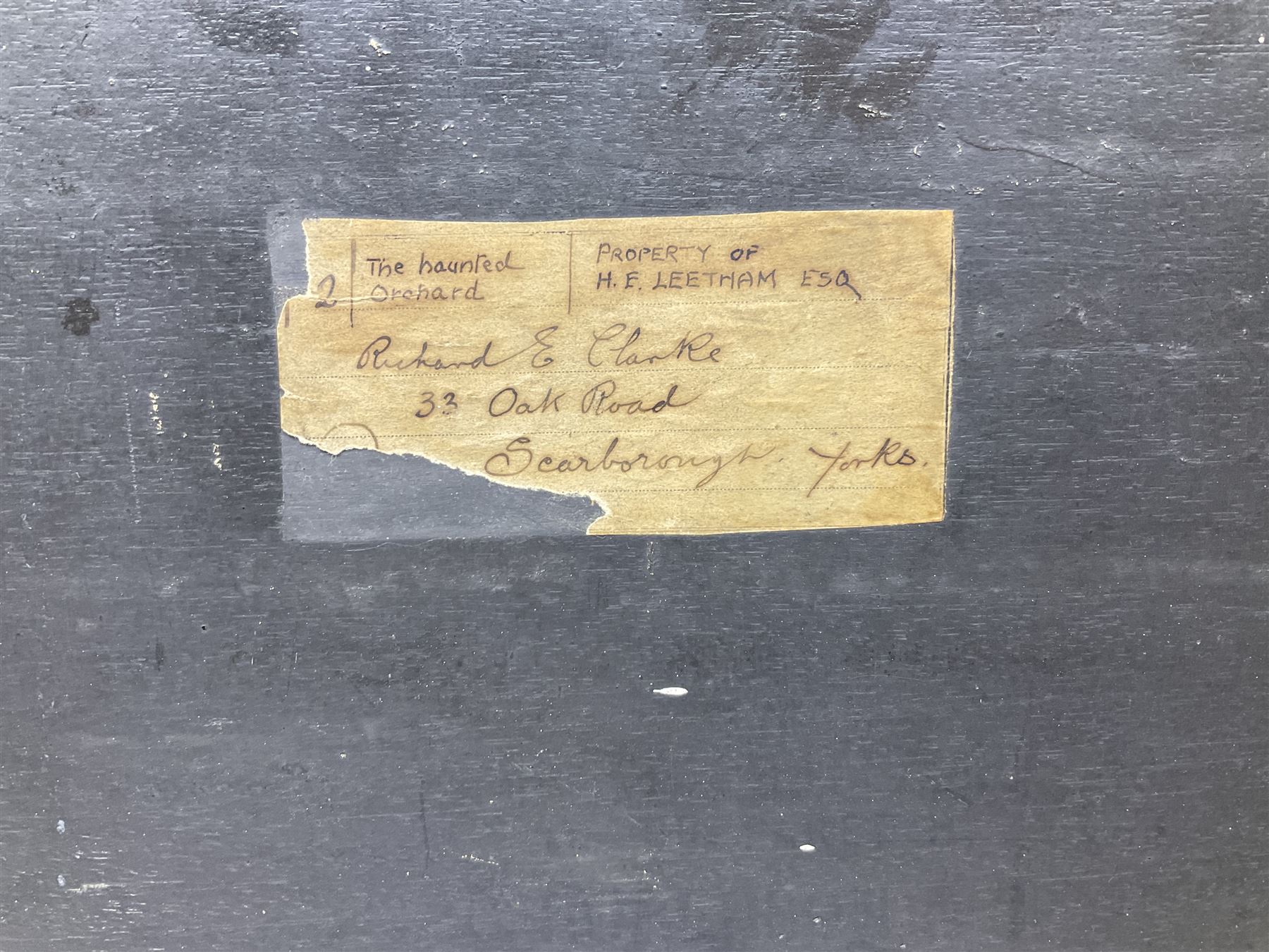 Richard Edward Clarke (British 1878-1954): 'The Haunted Orchard', oil on panel signed, original title label with artist's Scarborough address verso 35cm x 51cm (unframed) 
Notes: Clarke, born in Scarborough, studied under Albert Strange at the Art School where later he became acting Headmaster, also teaching at Pickering Grammar School.