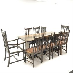 Rectangular medium oak dining table, shaped solid end support joined by a stretcher (W183cm, H76cm, D76cm) and six (4+2) oak barley twist chairs (W58cm) 
