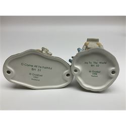 Eight Christmas Hummel figures by Goebel, to include Wintertime Chapel candle holder, Winter Fun, Christmas Morning, Christmas Time and Gingerbread Lane, tallest H21cm