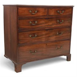 Late 19th-century Georgian-style mahogany chest of drawers, rectangular top with moulded edge over two short and three graduated drawers, raised on bracket feet, back foot missing 