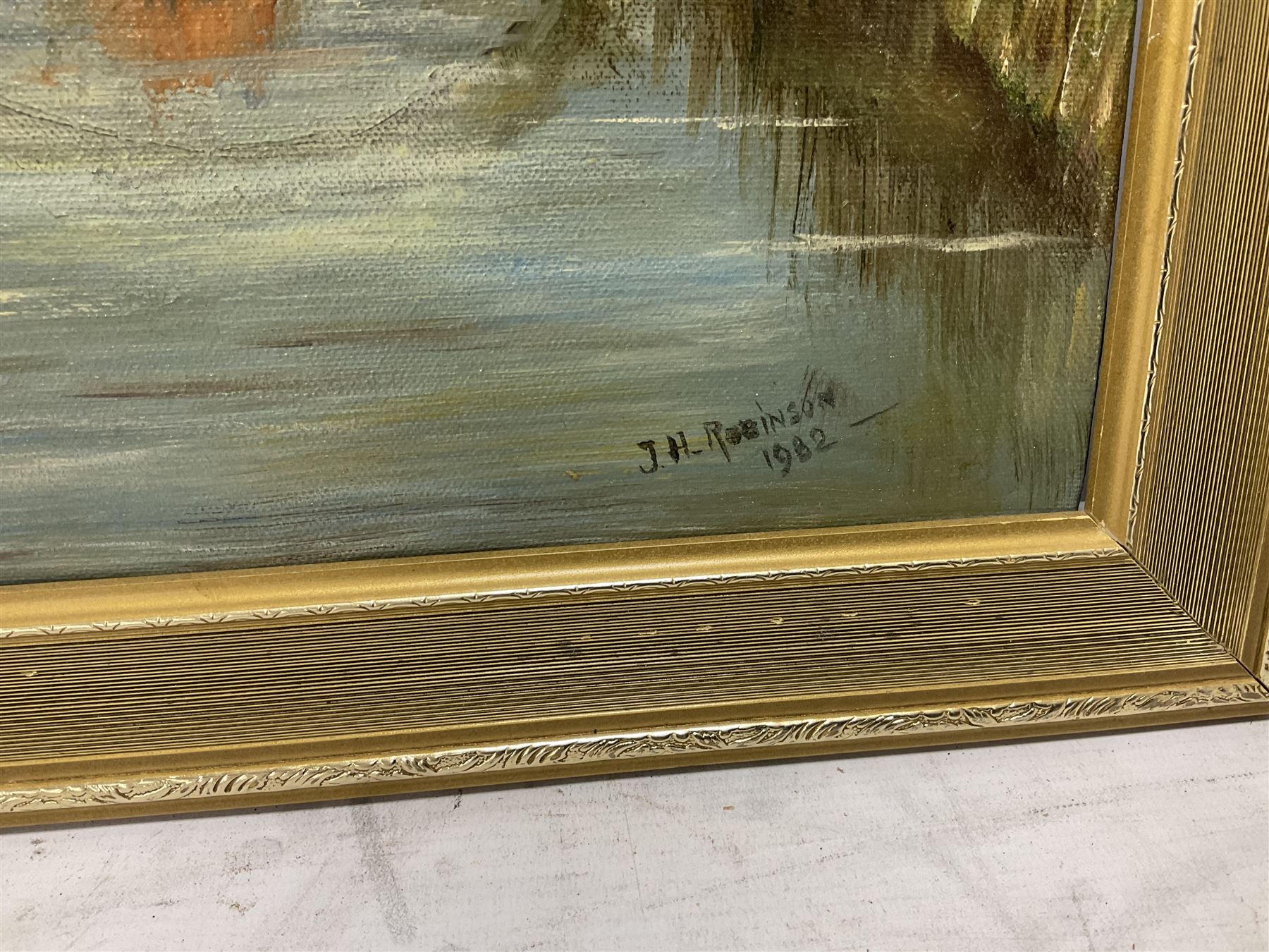 J H Robinson (British 20th century): Canal and Lake Landscape, pair oils on board, signed and dated 1982 (2)