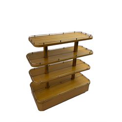 Early to mid-20th century Art Deco design oak shop display stand, fitted with four tiers, the middle two adjustable, with chrome gallery 