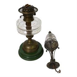 Silvered ceiling light with etched drop shade together with oil lamp with clear glass rese...