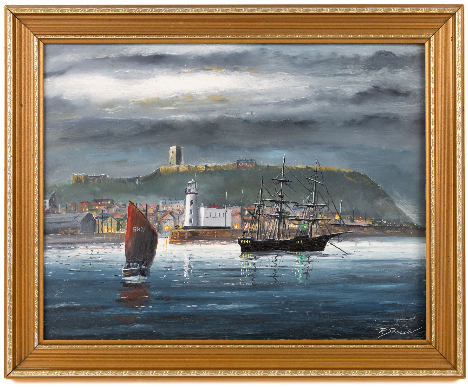 Robert Sheader (British 20th Century): Scarborough South Bay by Moonlight, oil on board signed 26.5cm x 34cm