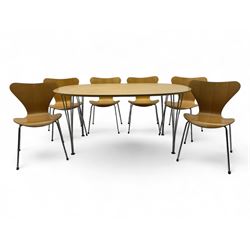 Piet Hein & Bruno Mathsson for Fritz Hansen - contemporary 'superellipse' dining table, oval beech top raised on four chrome supports; set of six Fritz Hansen butterfly-shaped chairs on tubular chrome supports