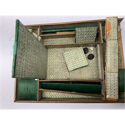 Victorian walnut sewing box, the hinged lid decorated with inlaid backgammon and cribbage board lifting to reveal lined compartmented interior with lift out tray