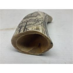 20th century resin carvings in the style of scrimshaws the first example depicting Ship Mercury, the other with a removable top, tallest example H10.5cm