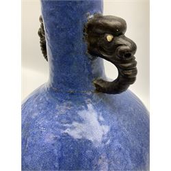 20th Century Chinese blue glazed twin handled vase with orange peel finish, H36cm. 
