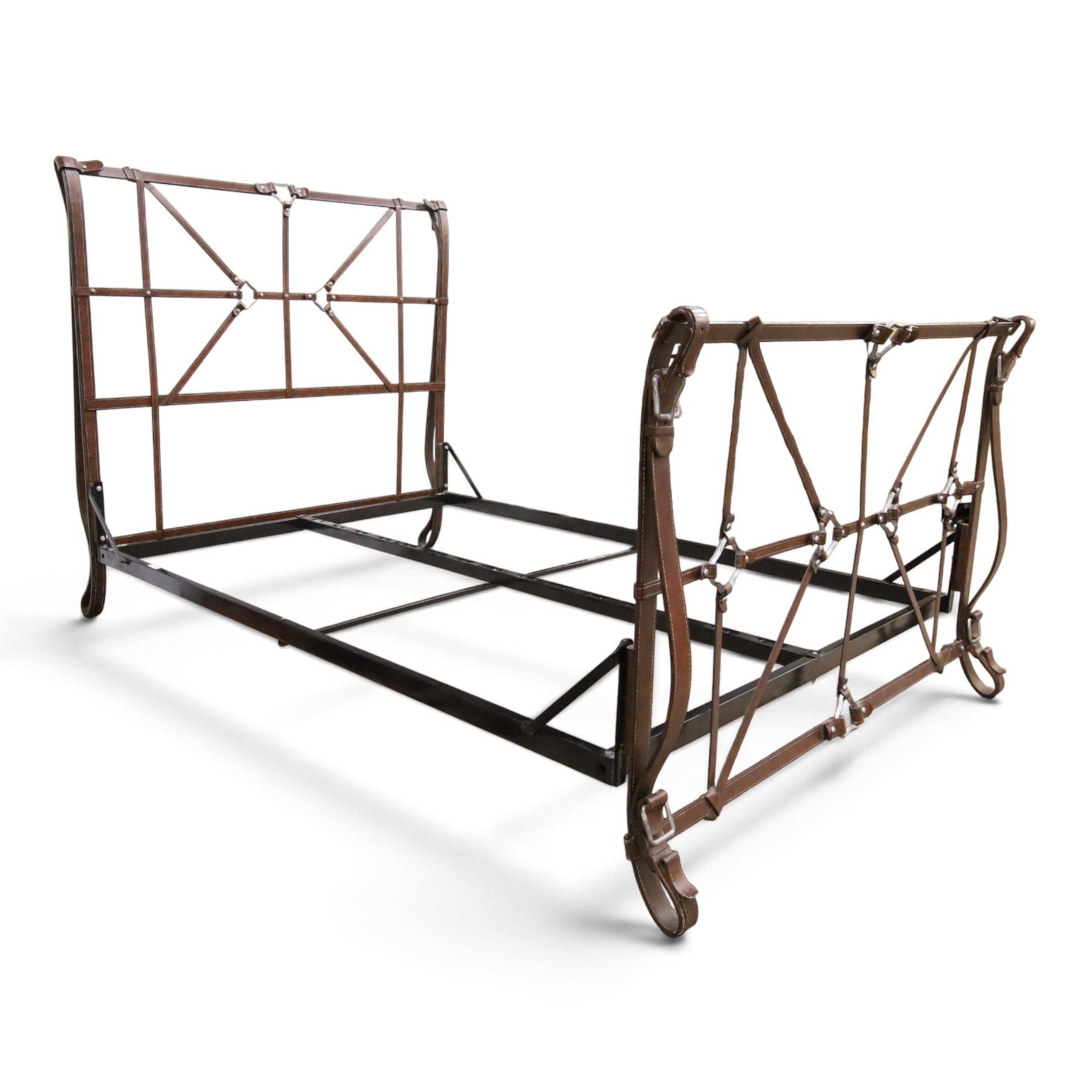 And So To Bed - 'Handel' double bed in the style of Jacques Adnet for Hermes, the metal head and footboards with equestrian tack style leather covering