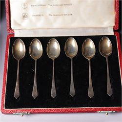 Set of six silver coffee spoons with examples of various British hallmarks , boxed, a set of six silver coffee spoons Sheffield 1925 Maker John Round & Son Ltd and six silver handled pastry knives
