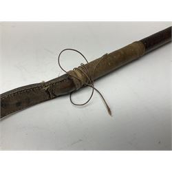 Gentleman's hunting whip, with horn handle and hallmarked silver collar, leather thong and lash, approximate L175cm