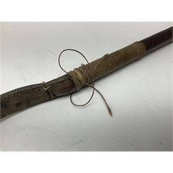 Gentleman's hunting whip, with horn handle and hallmarked silver collar, leather thong and lash, approximate L175cm