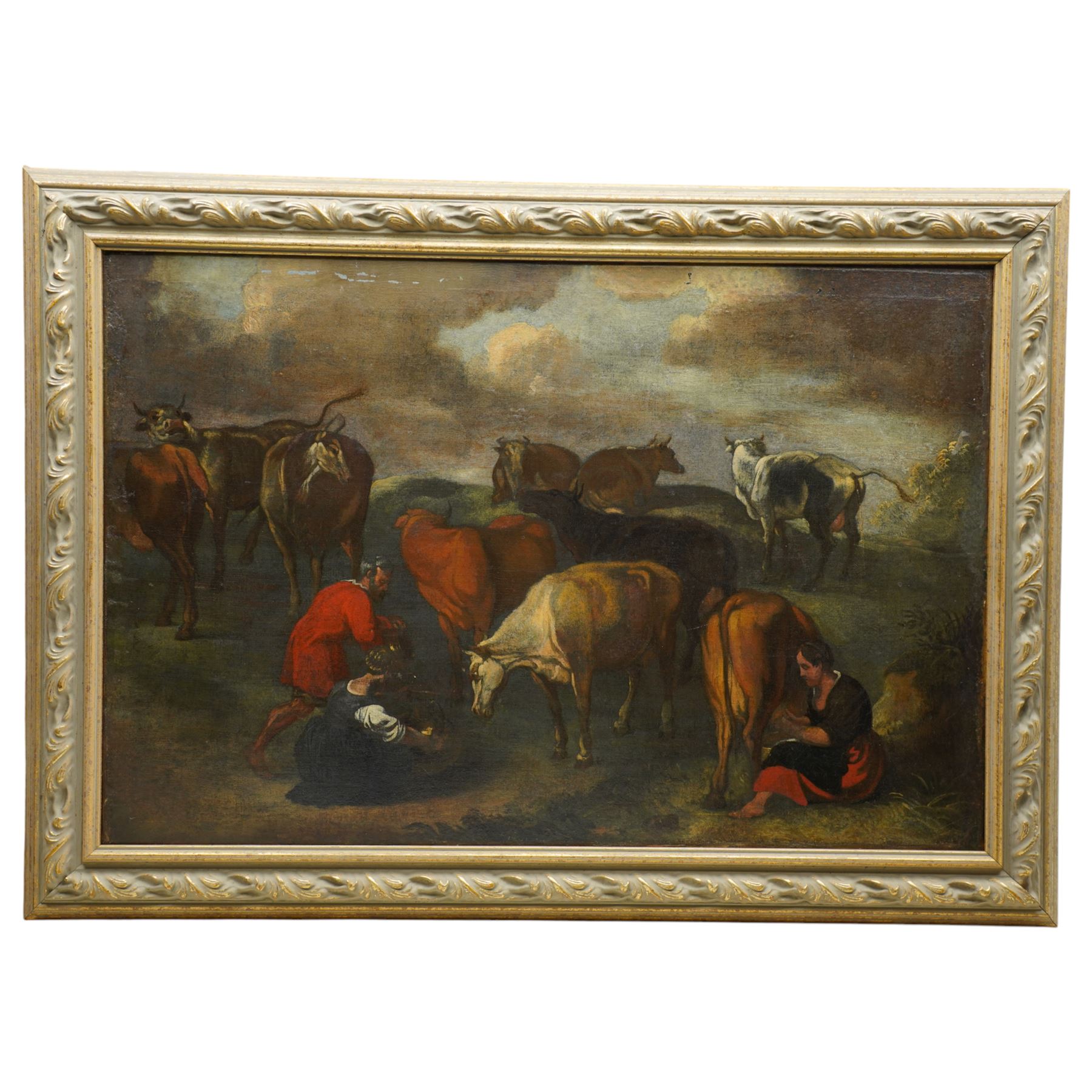 Circle of Karel Dujardin (Dutch 1626-1678): Pastoral Scene with Milkmaids and Cattle, oil on canvas unsigned 55cm x 83cm