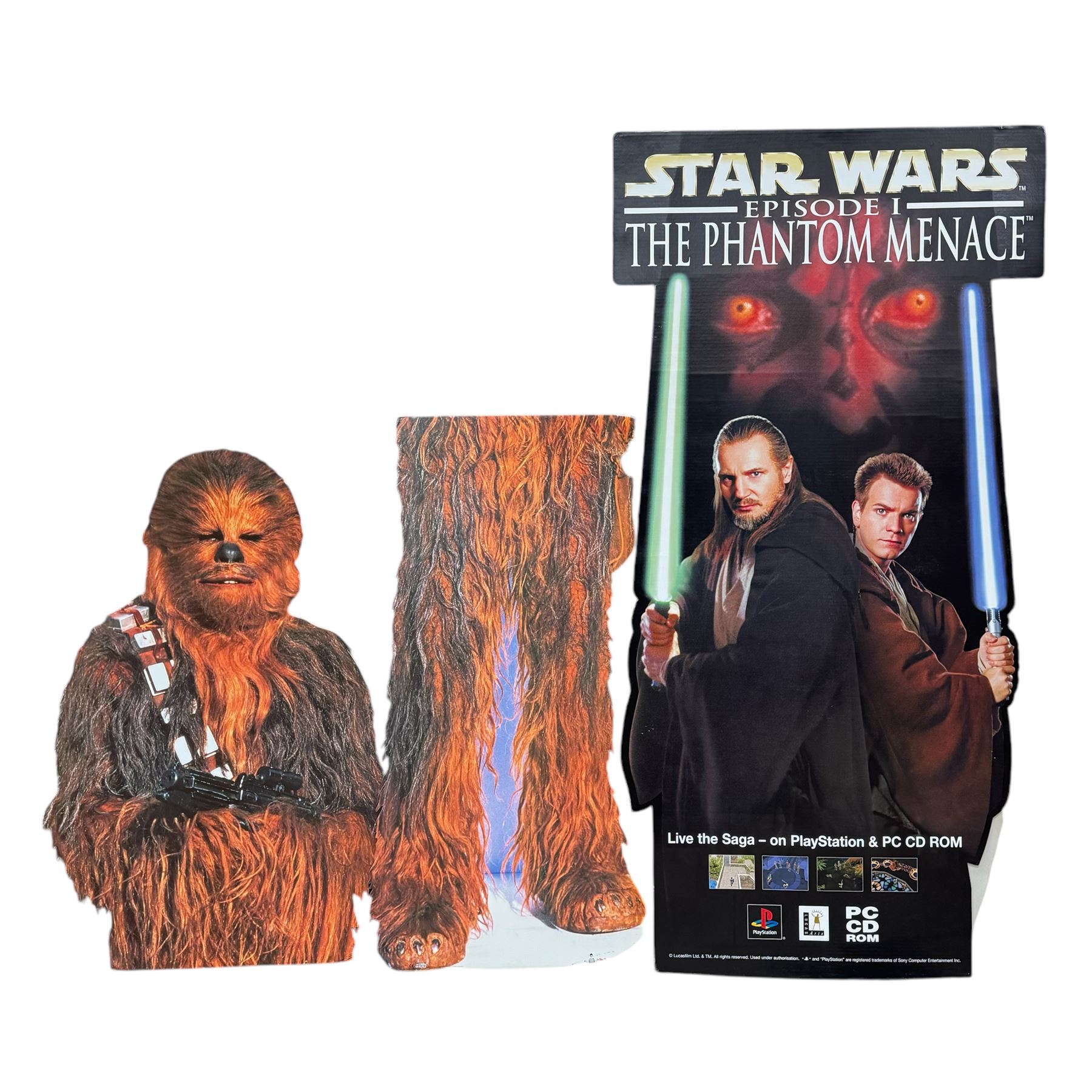 Star Wars Chewbacca cardboard cut-out, together with a Star Wars Phantom Menace Playstation advertising cardboard cut out, tallest H150cm