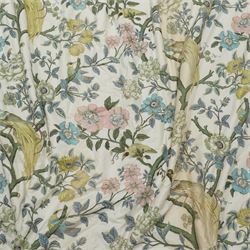 Pair of large quality full length lined and padded ivory ground curtains profusely decorated with birds of paradise and exotic flora, in a predominantly pastel palette

Pelmets W 335cm