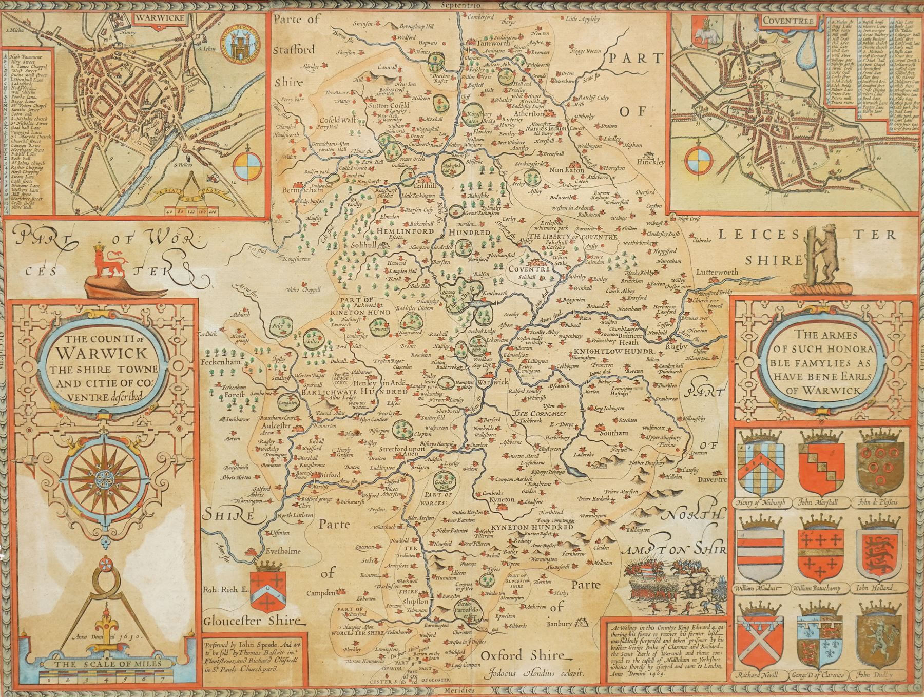 John Speed (British 1552-1629): 'The Counti of Warwick the Shire Towne and Citie of Coventre (Coventry) described', 17th century engraved map of Warwickshire with hand-colouring 41cm x 54cm 