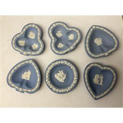 Wedgwood pale blue Jasperware, to include a pair of tulip vases, large vase with fluted rim, trinket dishes, trinket box etc, together with Wedgwood miniature hanging decoration in the form of a tea set 