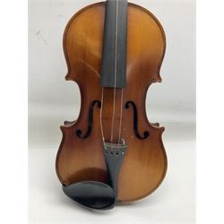 Saxony (?) violin c1950 with 36cm two-piece maple back and ribs and spruce top; bears label 'The Maidstone School Orchestra Association' L59cm overall; and 1950s Czechoslovakian violin for restoration; both in carrying cases (2)
