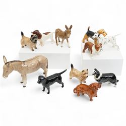 Beswick donkey and foal and nine small Beswick dogs including Dalmatian, Cairn Terrier, Da...