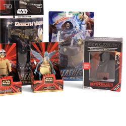 Thirteen Star Wars figures and busts, comprising four Hasbro Star Wars Unleashed figures Darth Vader, Revenge of the Sith Darth Vader, ARC Heavy Gunner and Yoda Versus Sidius, four DeAgostini collector's edition busts, Disney Store Elite Series Luke Skywalker, Code 3 Collectibles Darth Vader Movie Poster Sculpture, Hasbro Episode I Queen Amidala 1999 Portrait Edition and two Applause Episode I figures Watto and Anakin Skywalker, all boxed