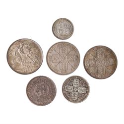 Six Queen Victoria silver coins, comprising 1887 crown, 1887 double florin, 1887 half crown, 1879 'Gothic' florin, and 1887 shilling