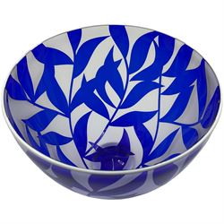 Gillies Jones of Rosedale glass bowl decorated with blue foliage with white rim, upon a short clear tapering foot, signed to base, H13cm D14cm